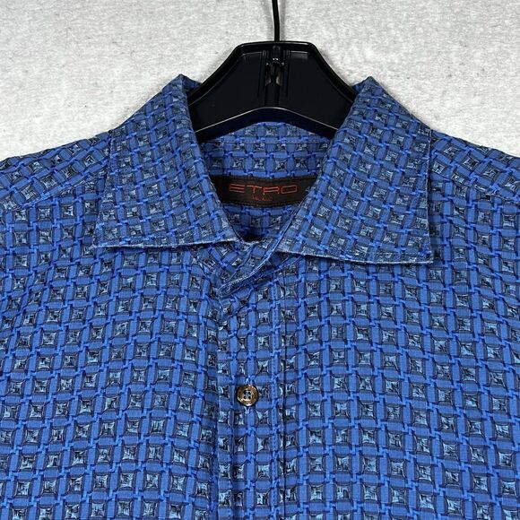 Etro Milano Button Down Shirt Mens Size 42 Blue Long Sleeve Made In Italy - Picture 2 of 10